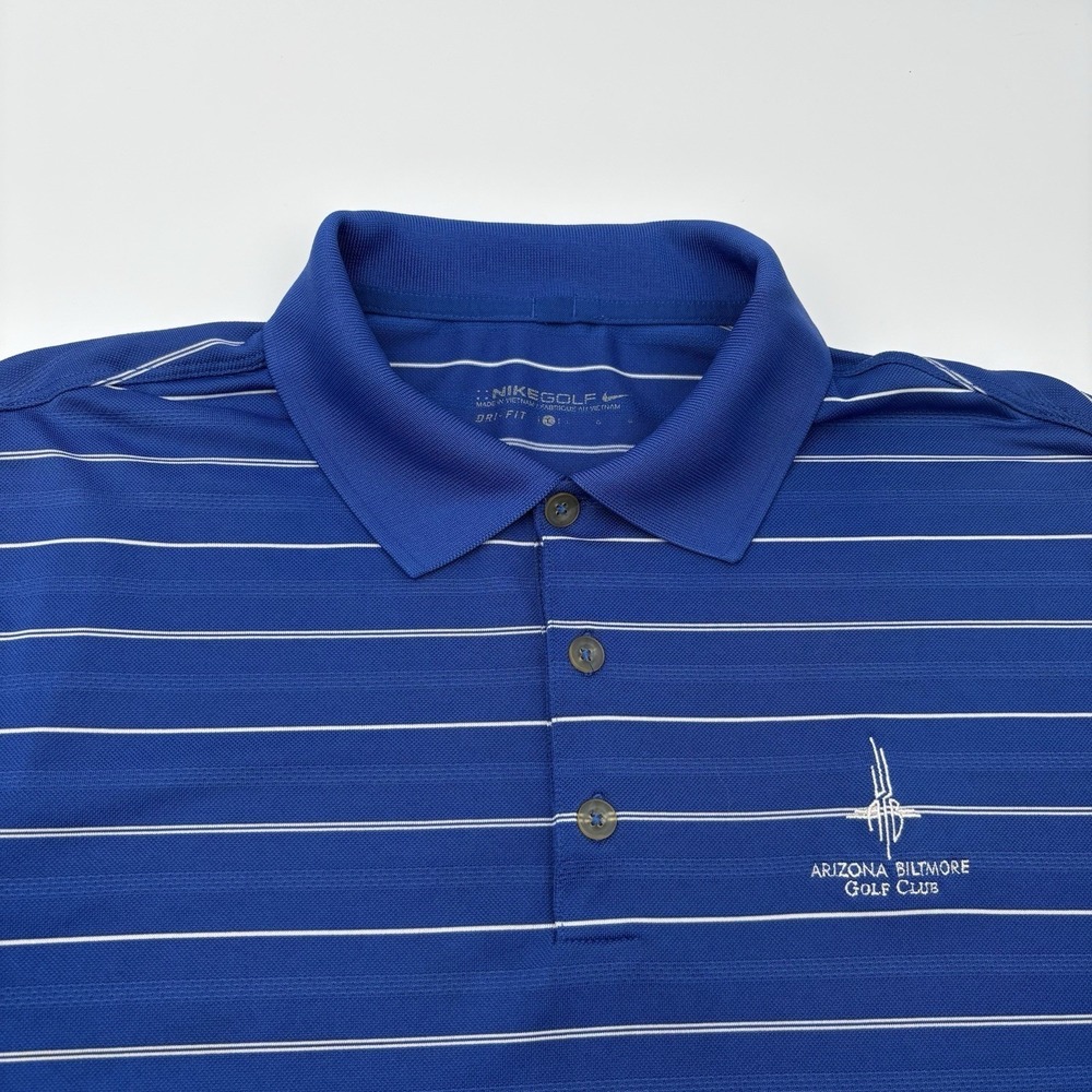 Nike Golf Arizona Biltmore Polo Shirt Mens L Blue Striped Dri-Fit STAINED